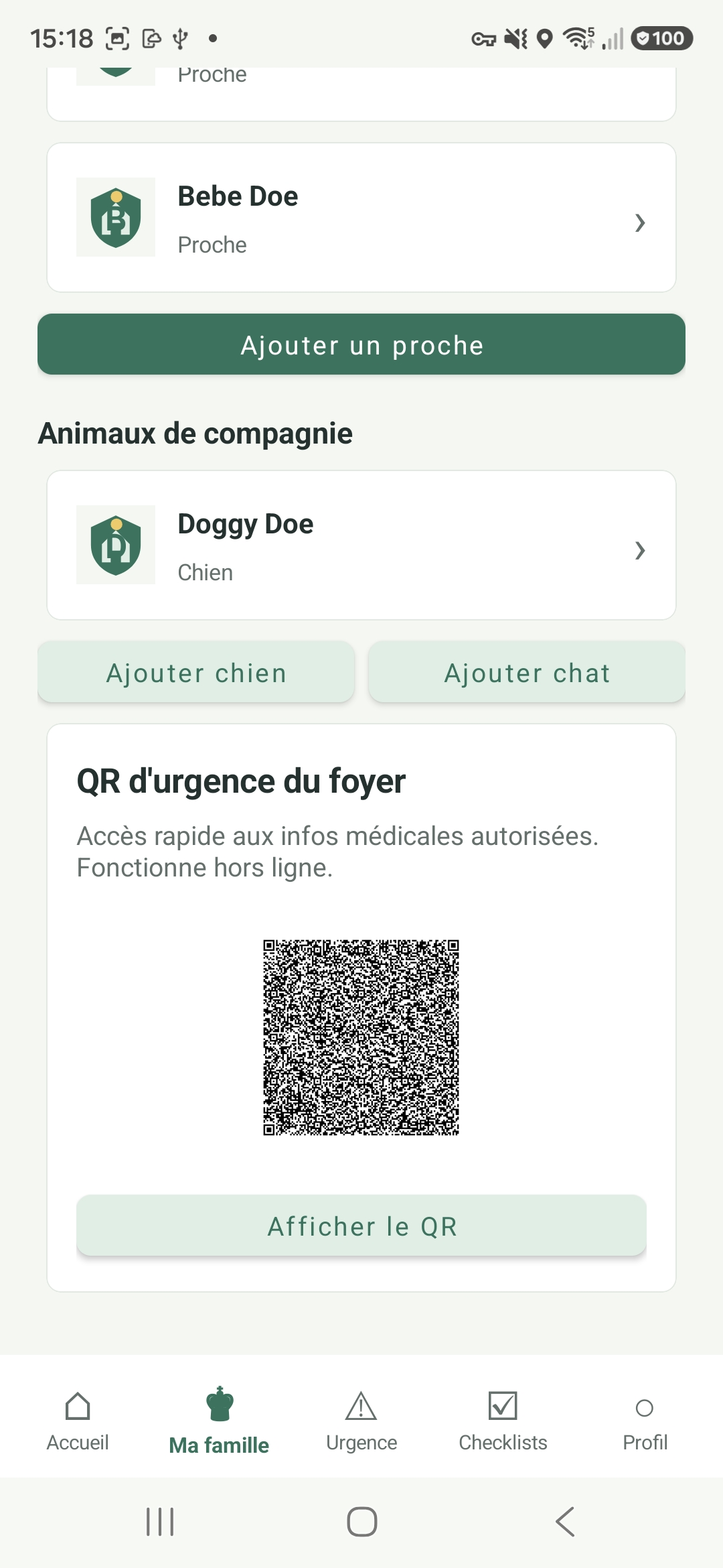 QR d'urgence du foyer dans SAMY