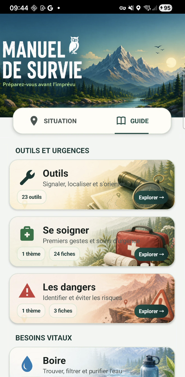 Écran Guide avec catégories illustrées