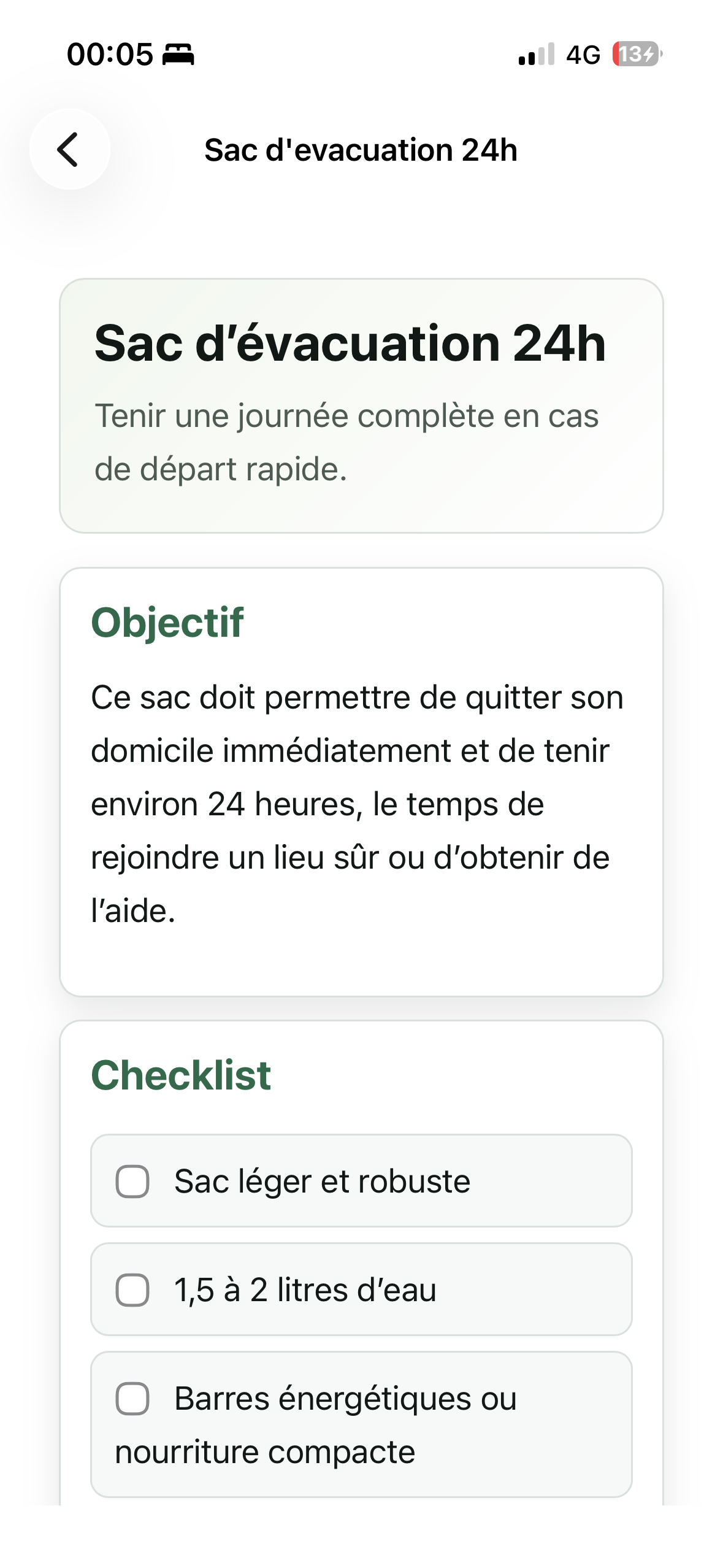 Fiche sac d'évacuation 24h avec checklist